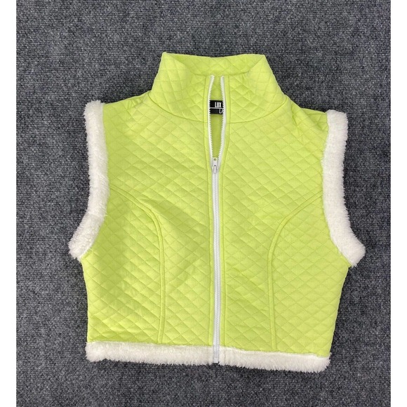 Women’s Size M Quilted Vest Neon Lime Green Faux Fur Trim Transitional Lux L A - Picture 4 of 10